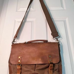 LONG FORTH Brown Canvas LEATHER MESSENGER BAG Quality Shoulder